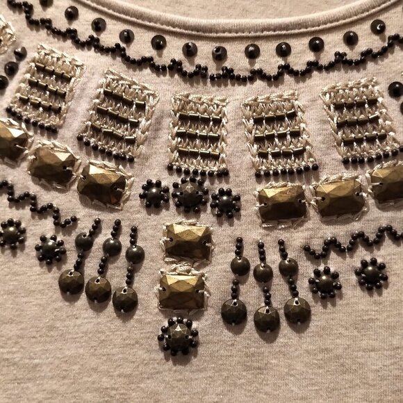 🐣NWT Y2K Short Sleeve Top Hand-Beaded Embellished Jewel Neckline Round-neck Top - Picture 11 of 16